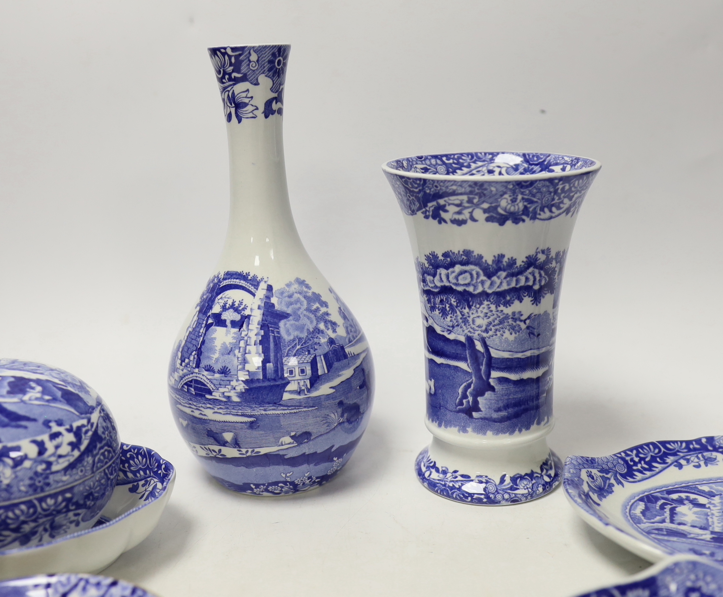 A collection of Spode Italian blue and white trinket boxes, dishes and two vases, (13)